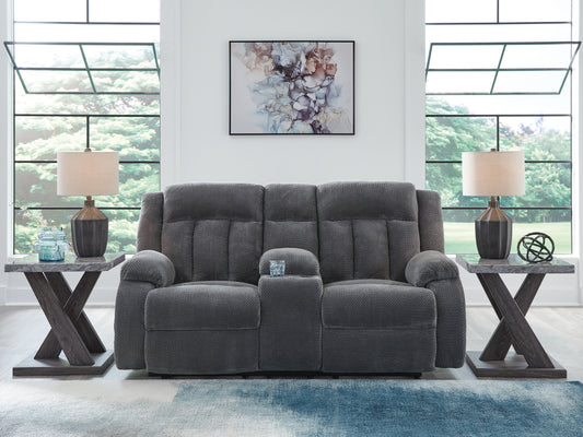 Pines Furniture Outlet - Ashley Furniture - Observation Living Room - DBL REC PWR Loveseat w/Console / Steel - PC2140596