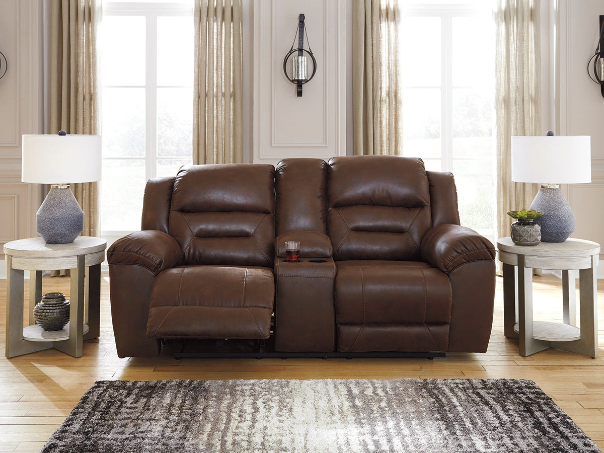 Pines Furniture Outlet - Ashley Furniture - Stoneland Living Room - DBL REC PWR Loveseat w/Console / Chocolate - 3990496
