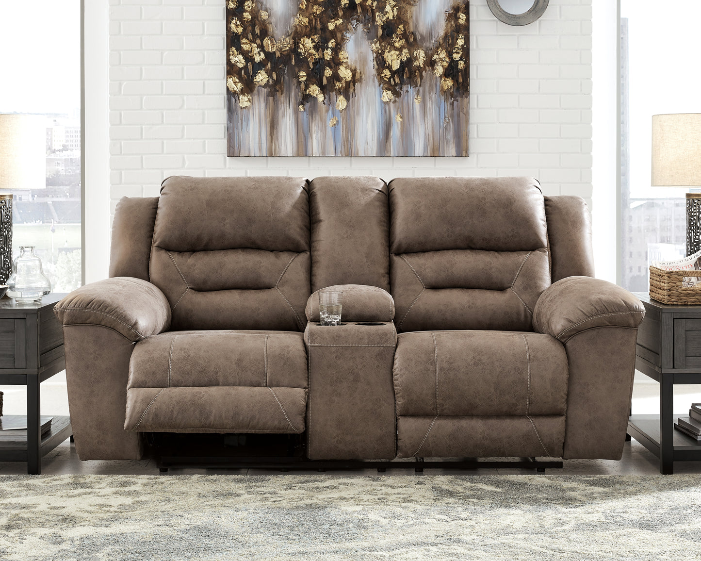 Pines Furniture Outlet - Ashley Furniture - Stoneland Living Room - DBL REC PWR Loveseat w/Console / Fossil - 3990596