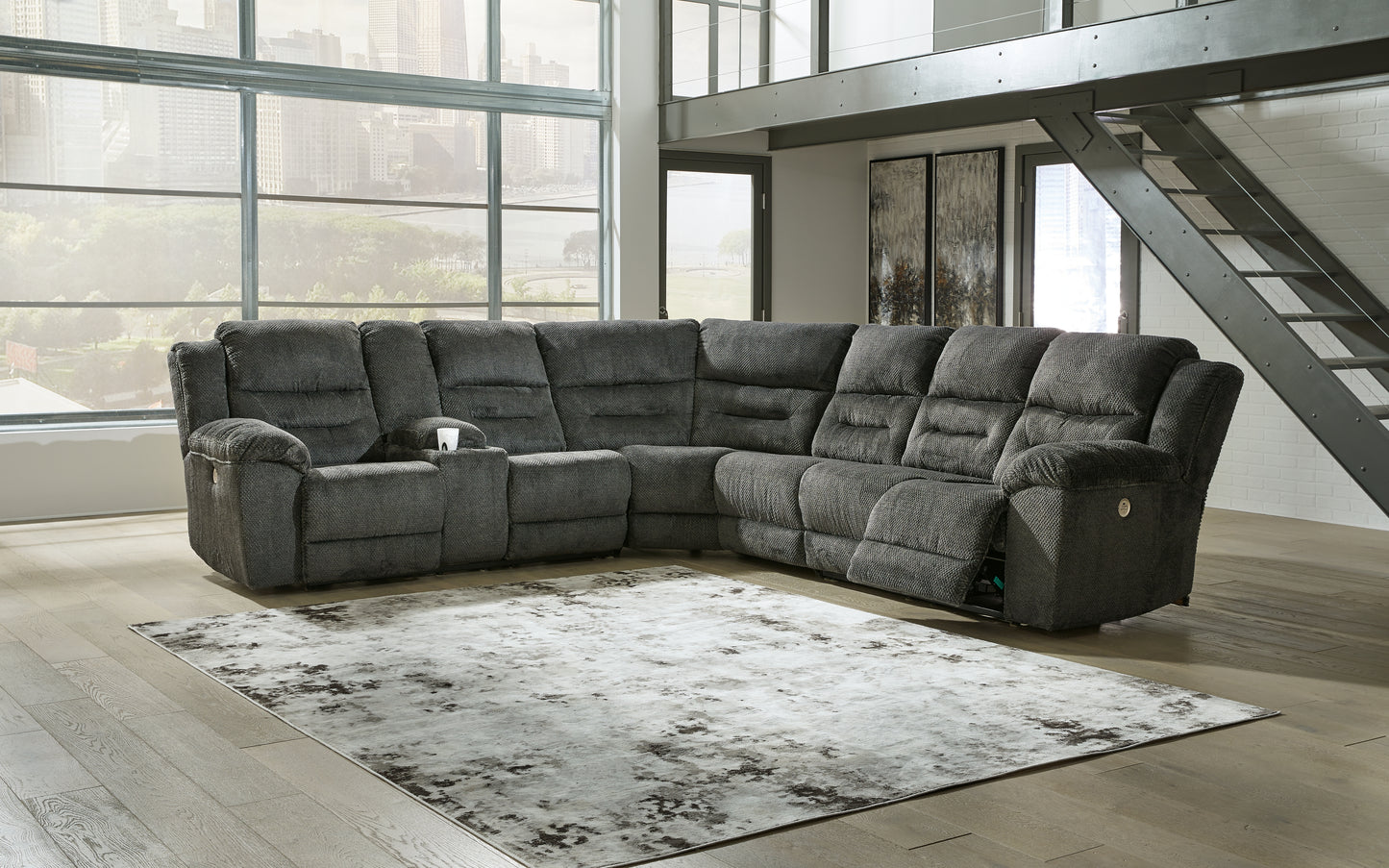 Pines Furniture Outlet - Ashley Furniture - Nettington Sectional - 4-Piece Power Reclining Sectional / Smoke - 44101S3