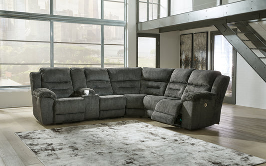 Pines Furniture Outlet - Ashley Furniture - Nettington Sectional - 3-Piece Power Reclining Sectional / Smoke - 44101S1