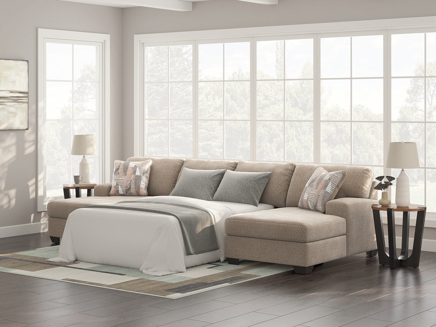 Pines Furniture Outlet - Ashley Furniture - Newellen Sectional - RAF 3-Piece Sleeper Sectional with Double Chaise / Hemp - 48404S7