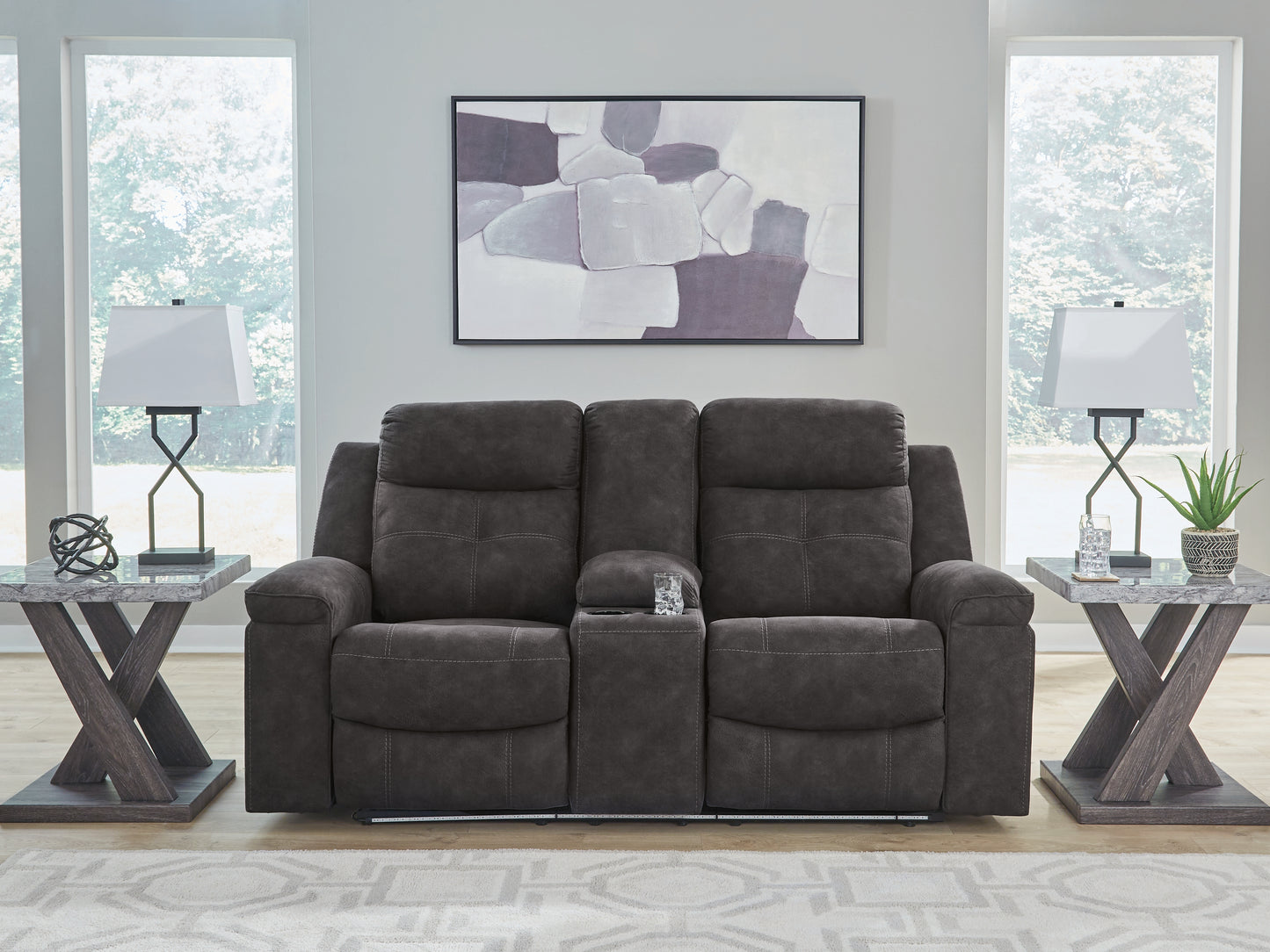 Pines Furniture Outlet - Ashley Furniture - Brysonview Living Room - DBL Rec Loveseat w/Console / Charcoal - 6360594