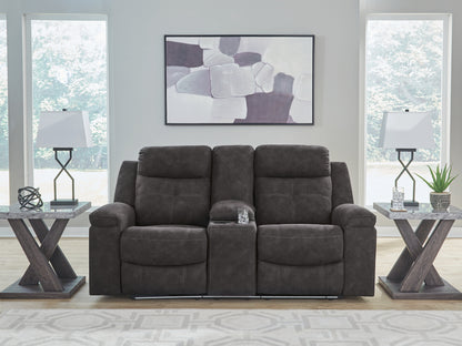 Pines Furniture Outlet - Ashley Furniture - Brysonview Living Room - DBL Rec Loveseat w/Console / Charcoal - 6360594