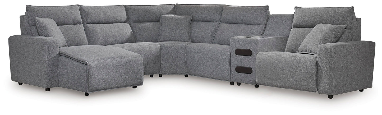 Pines Furniture Outlet - Ashley Furniture - ModMax II Sectional - 6-Piece Reclining Sectional with Chaise and Audio Console / Salt and Pepper - 65906S29