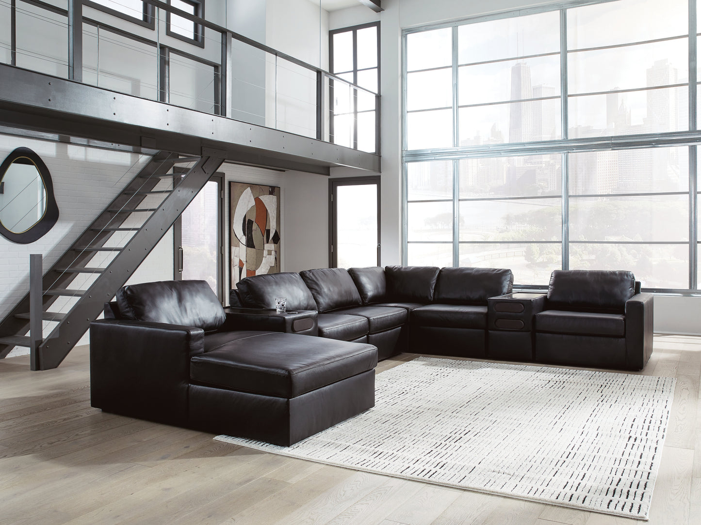 Pines Furniture Outlet - Ashley Furniture - ModMax II Sectional - RAF 8-Piece Sectional with Chaise and Audio Consoles / Black - 74305S47