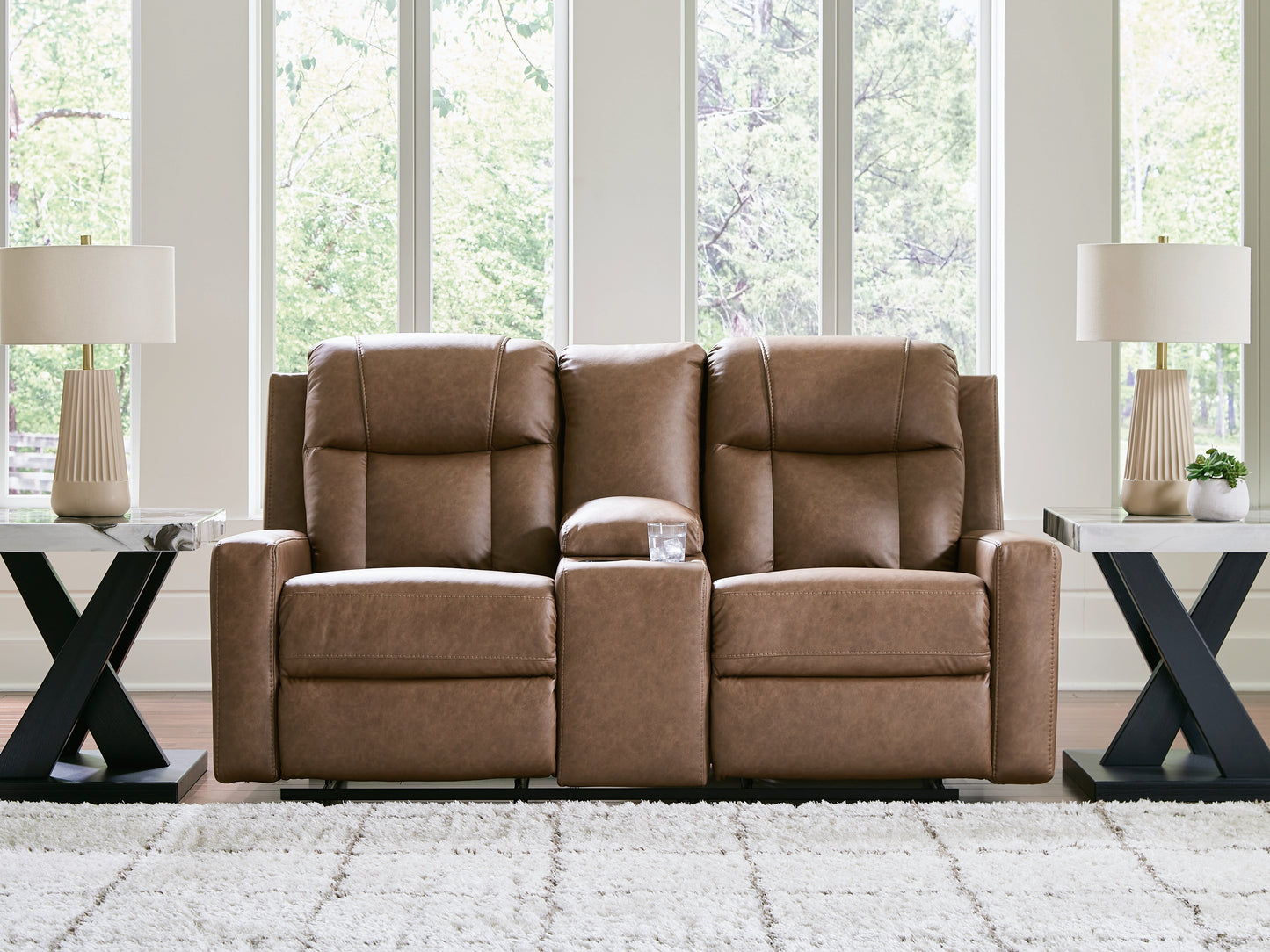 Pines Furniture Outlet - Ashley Furniture - Mackmenville Living Room - DBL Rec Loveseat w/Console / Caramel - 7471494