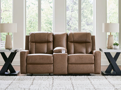 Pines Furniture Outlet - Ashley Furniture - Mackmenville Living Room - DBL Rec Loveseat w/Console / Caramel - 7471494