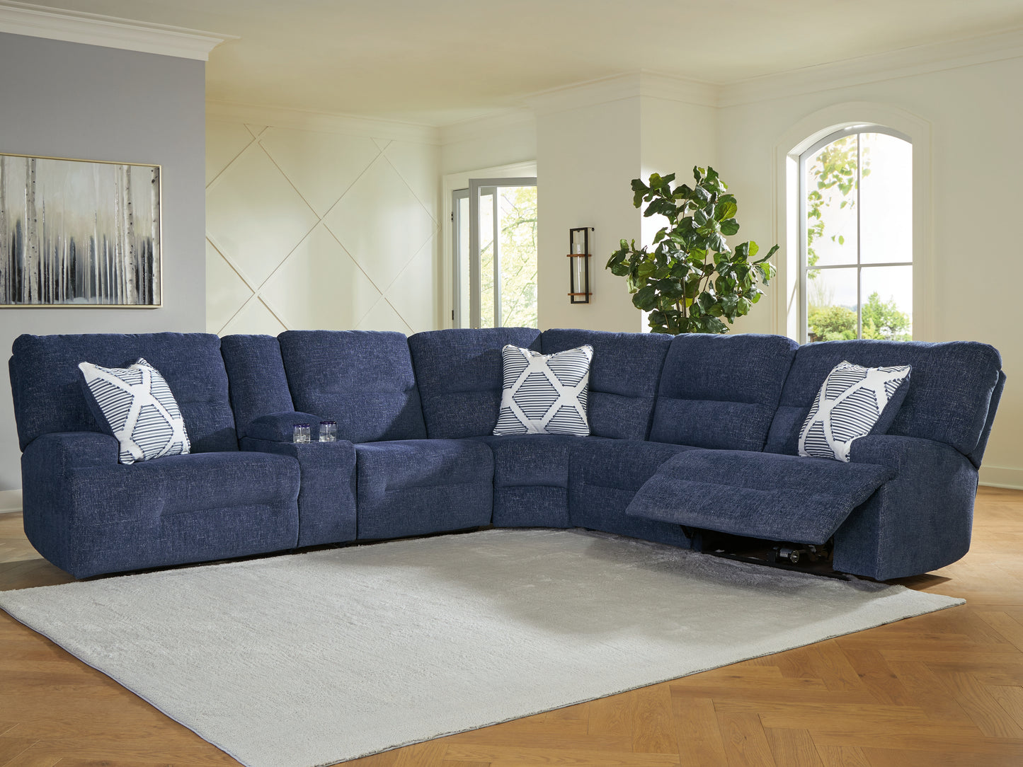 Pines Furniture Outlet - Ashley Furniture - Acklen Place Sectional - 6-Piece Power Reclining Sectional / Navy - 93607S15
