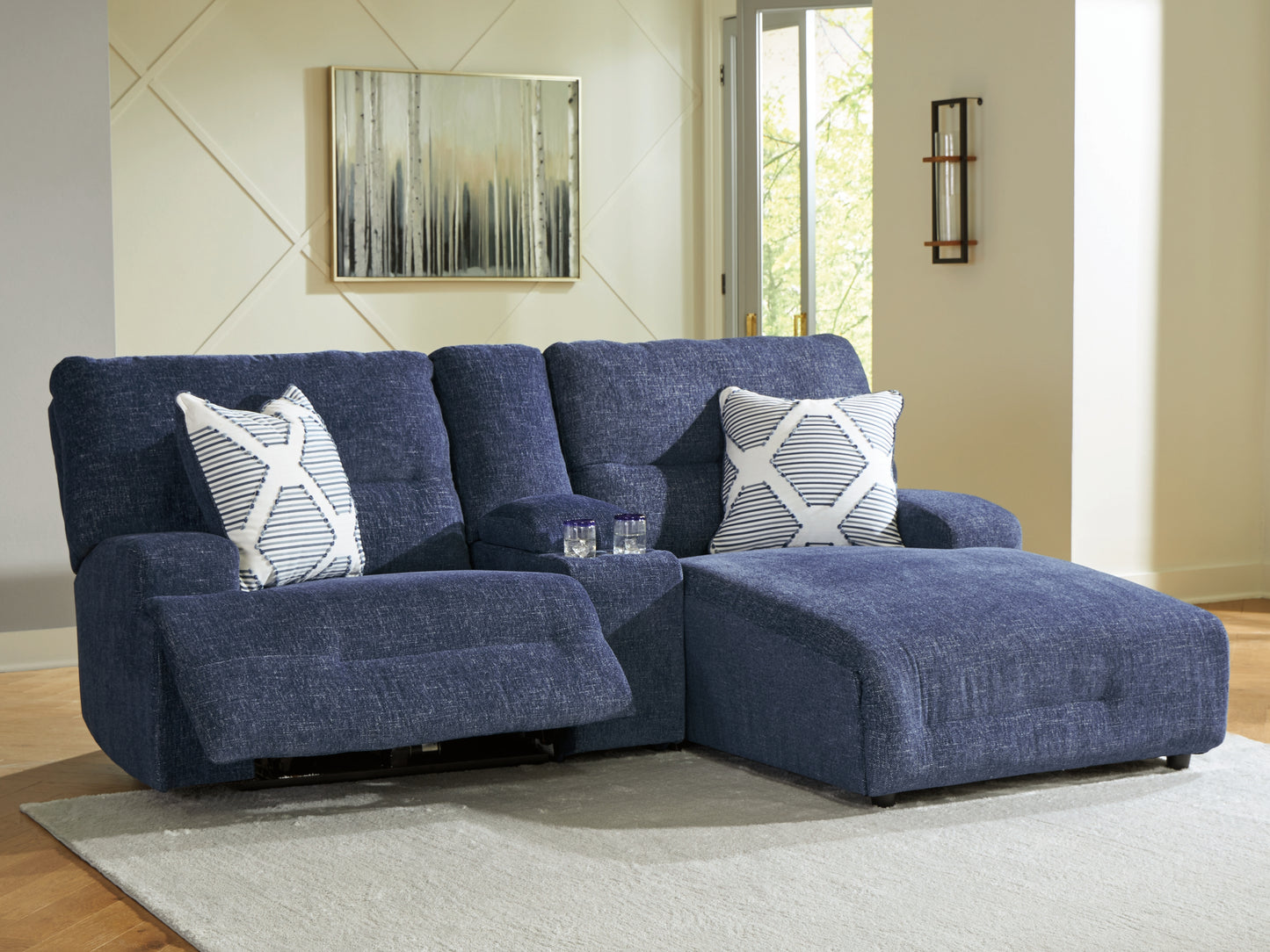 Pines Furniture Outlet - Ashley Furniture - Acklen Place Sectional - 3-Piece Power Reclining Sectional Sofa with Chaise / Navy - 93607S4