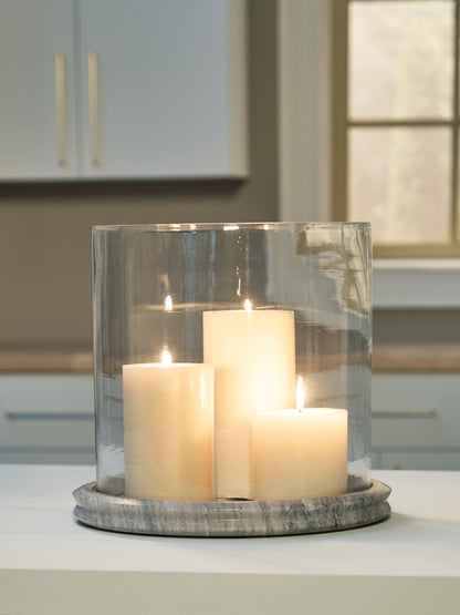 Pines Furniture Outlet - Ashley Furniture - Saskia Candle Holder - Candle Holder / Clear/Beige - A2000847