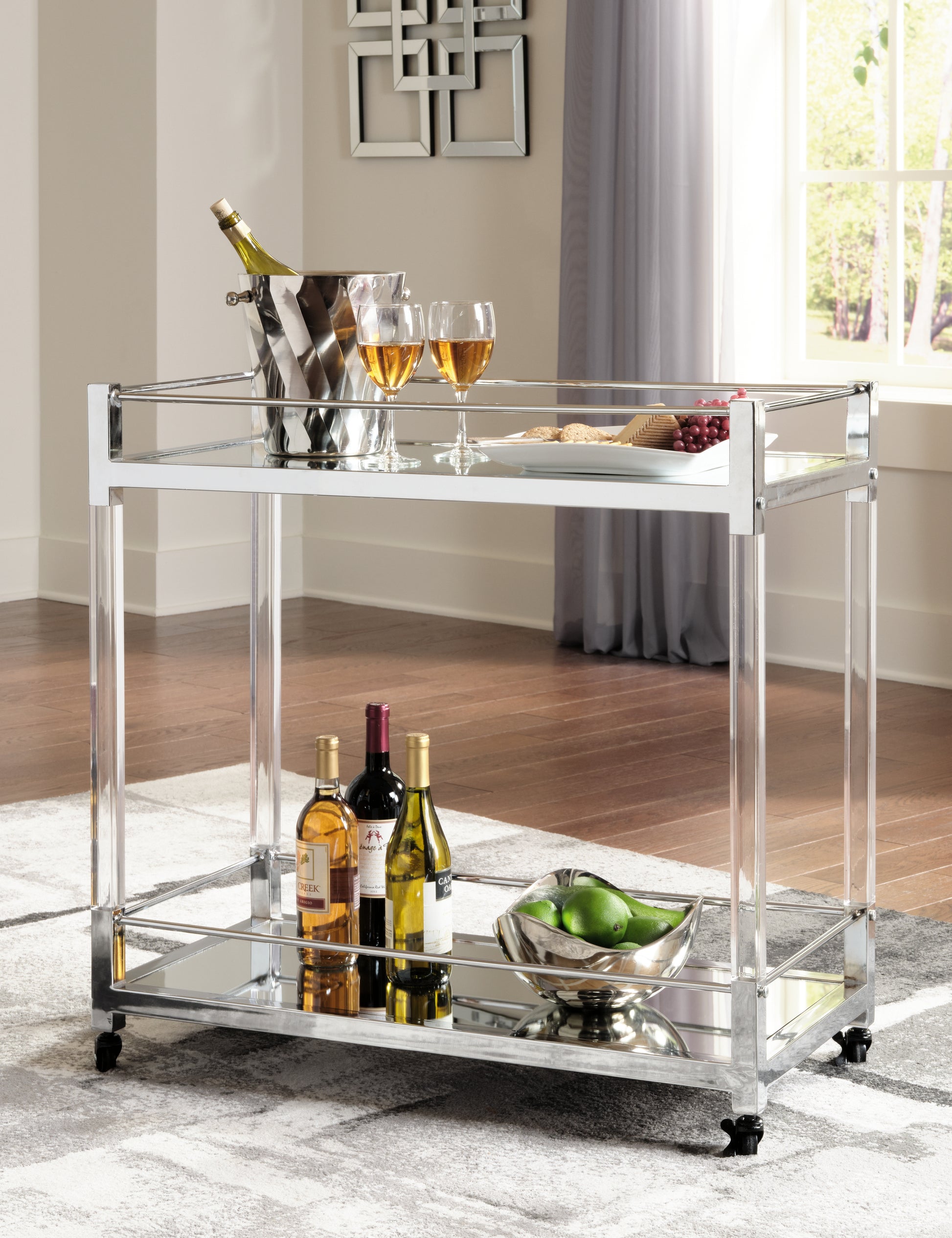 Pines Furniture Outlet - Ashley Furniture - Chaseton Bar Cart - Bar Cart / Clear/Silver Finish - A4000501