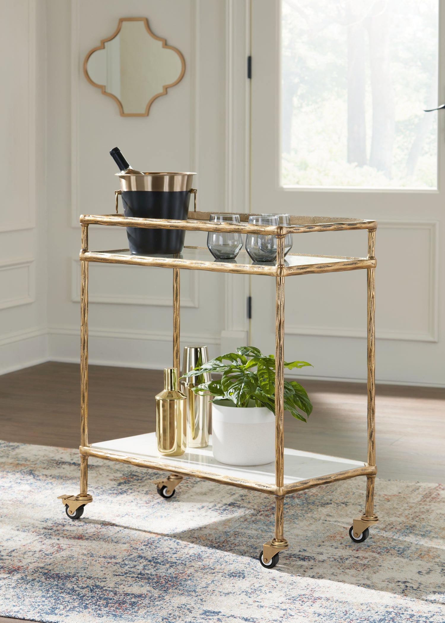Pines Furniture Outlet - Ashley Furniture - Plattfield Bar Cart - Bar Cart / Antique Gold Finish - A4000625