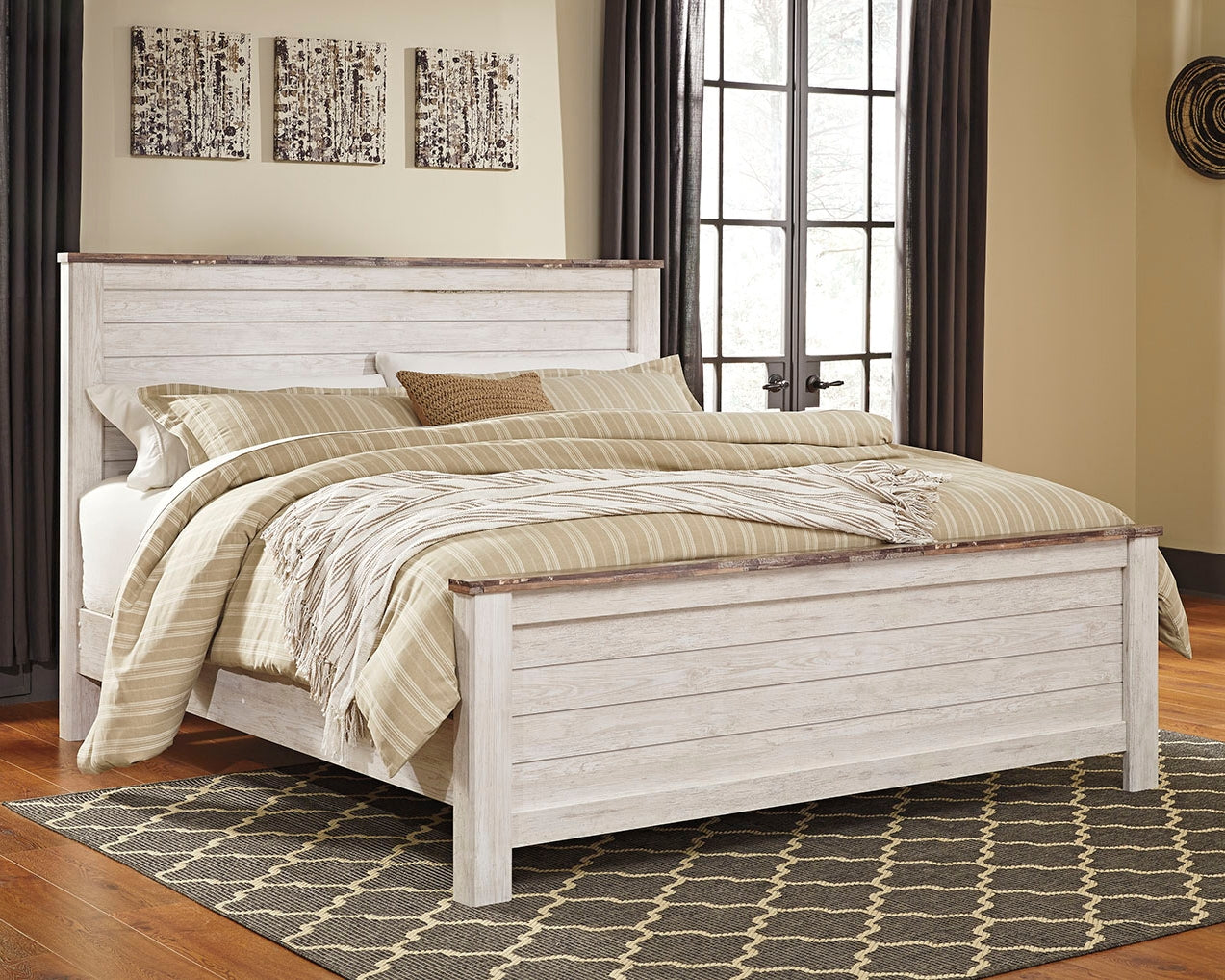 Pines Furniture Outlet - Ashley Furniture - Willowton Bedroom - California King Panel Bed / Whitewash - B267B28