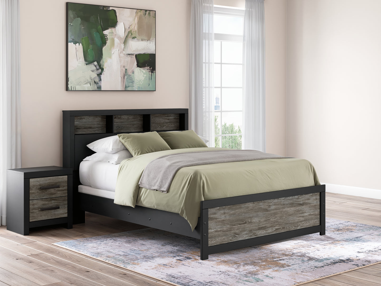 Pines Furniture Outlet - Ashley Furniture - Broachmyn Bedroom - Queen Bookcase Panel Bed / Black/Gray - PCB1118B18