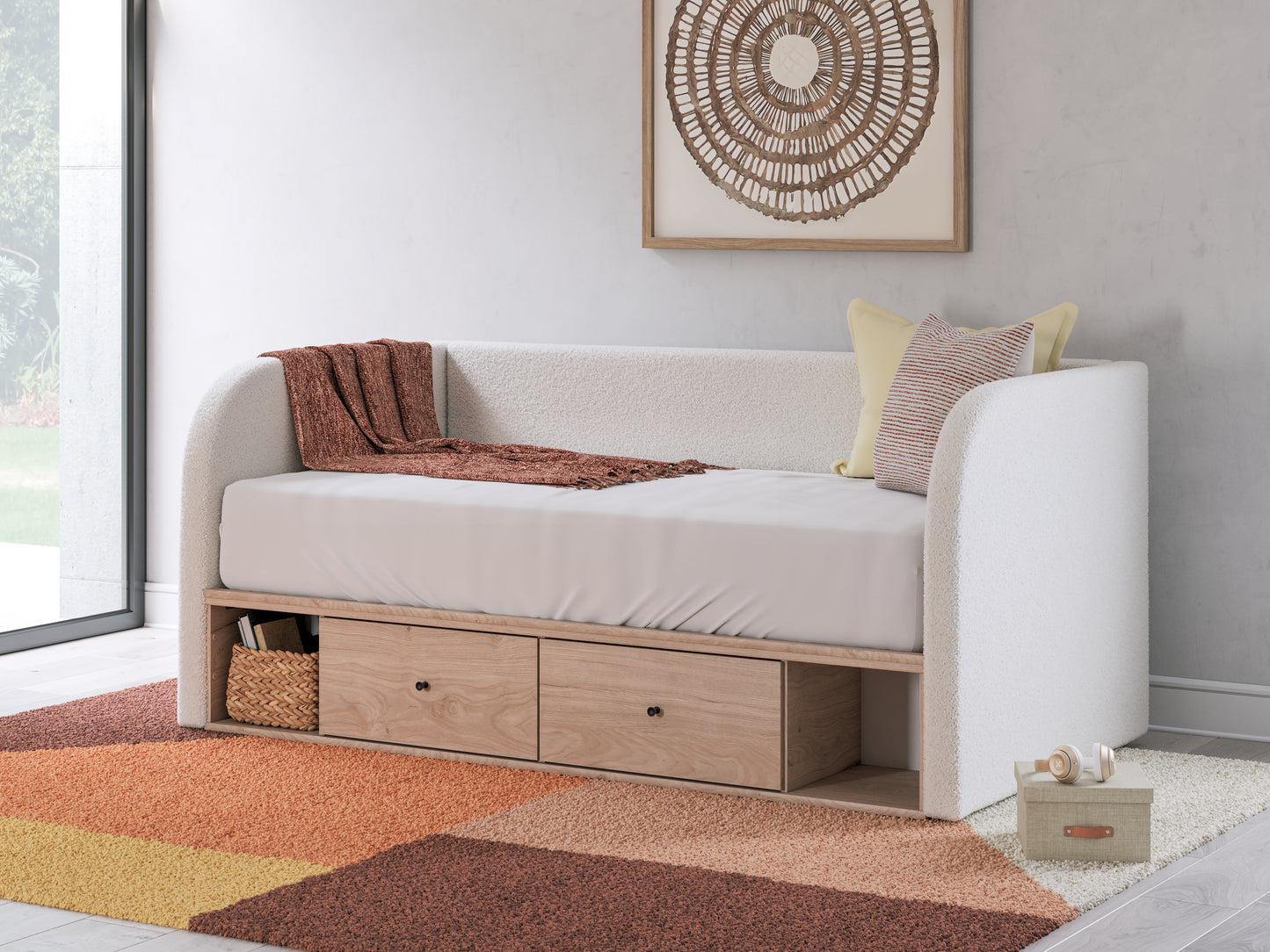 Pines Furniture Outlet - Ashley Furniture - Arloster Bedroom - Full Upholstered Day Bed with Storage / Tan/White - PCB1566B11