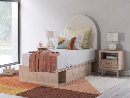 Pines Furniture Outlet - Ashley Furniture - Arloster Bedroom - Twin Upholstered Panel Bed with Storage / Tan/White - PCB1566B6