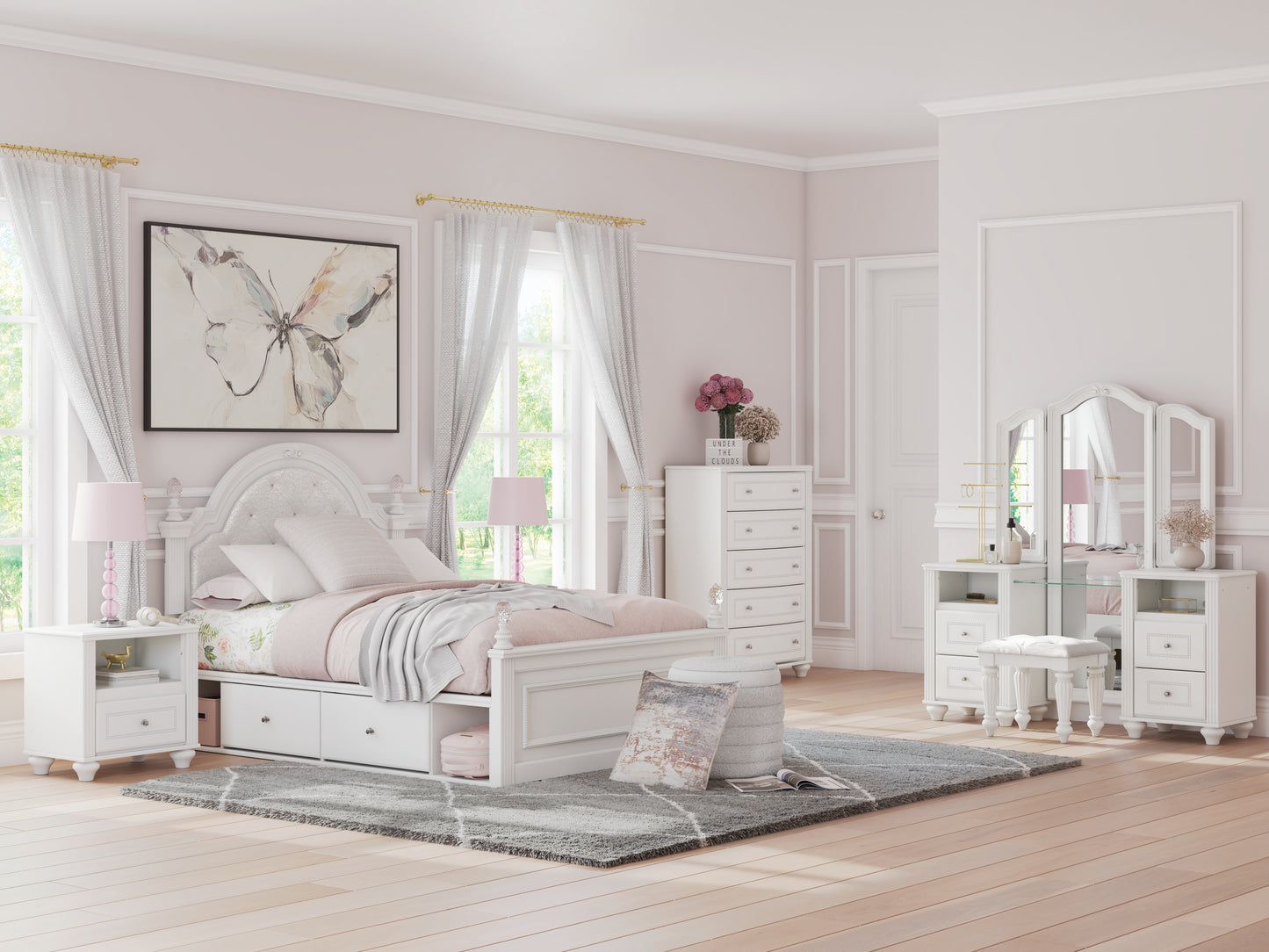 Pines Furniture Outlet - Ashley Furniture - Kozlani Bedroom - Full Upholstered Panel Storage Bed / White - PCB1819B10