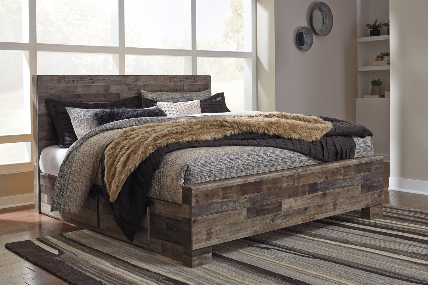 Pines Furniture Outlet - Ashley Furniture - Derekson Bedroom - Queen Panel Bed with 2 Side Storage / Multi Gray - B200B43