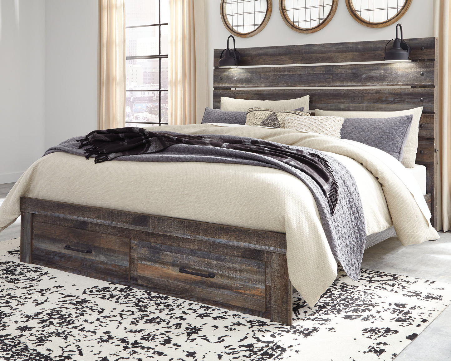 Pines Furniture Outlet - Ashley Furniture - Drystan Bedroom - King Panel Bed with 2 Storage Drawers / Multi - B211B55