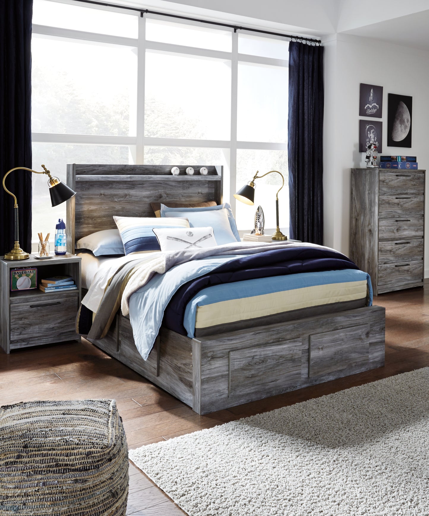 Pines Furniture Outlet - Ashley Furniture - Baystorm Bedroom - Full Panel Bed with 6 Storage Drawers / Gray - B221B27