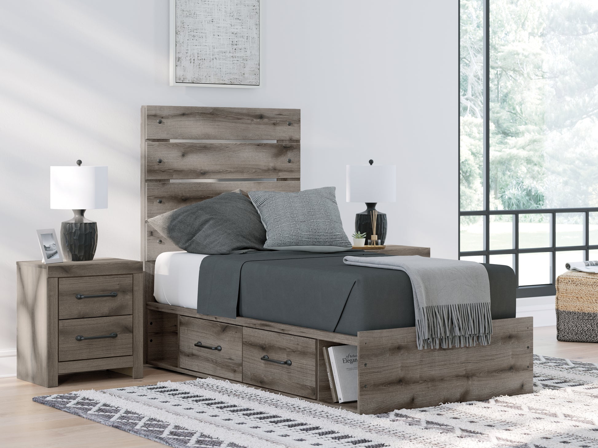 Pines Furniture Outlet - Ashley Furniture - Graystorm Bedroom - Queen Panel Bed / Brown Gray - PCB2405B2