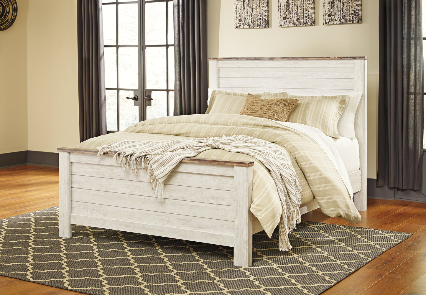 Pines Furniture Outlet - Ashley Furniture - Willowton Bedroom - Queen Panel Bed / Whitewash - B267B8