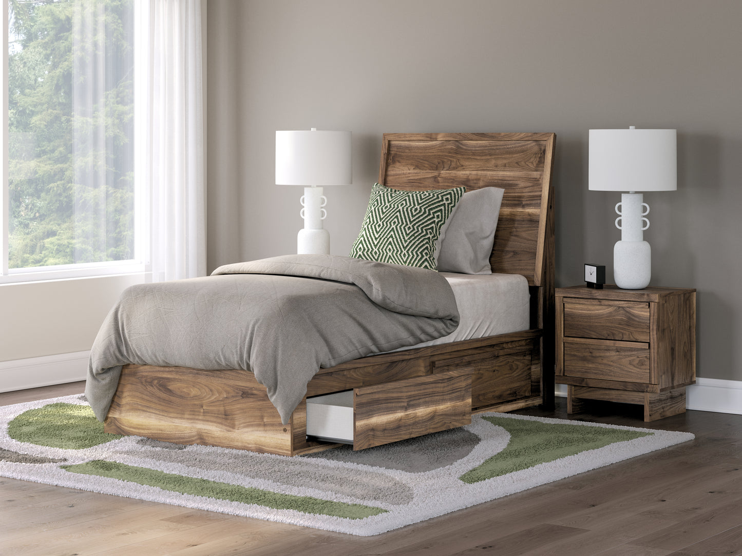 Pines Furniture Outlet - Ashley Furniture - Chirason Bedroom - Twin Panel Bed with Storage / Brown - PCB3367B27