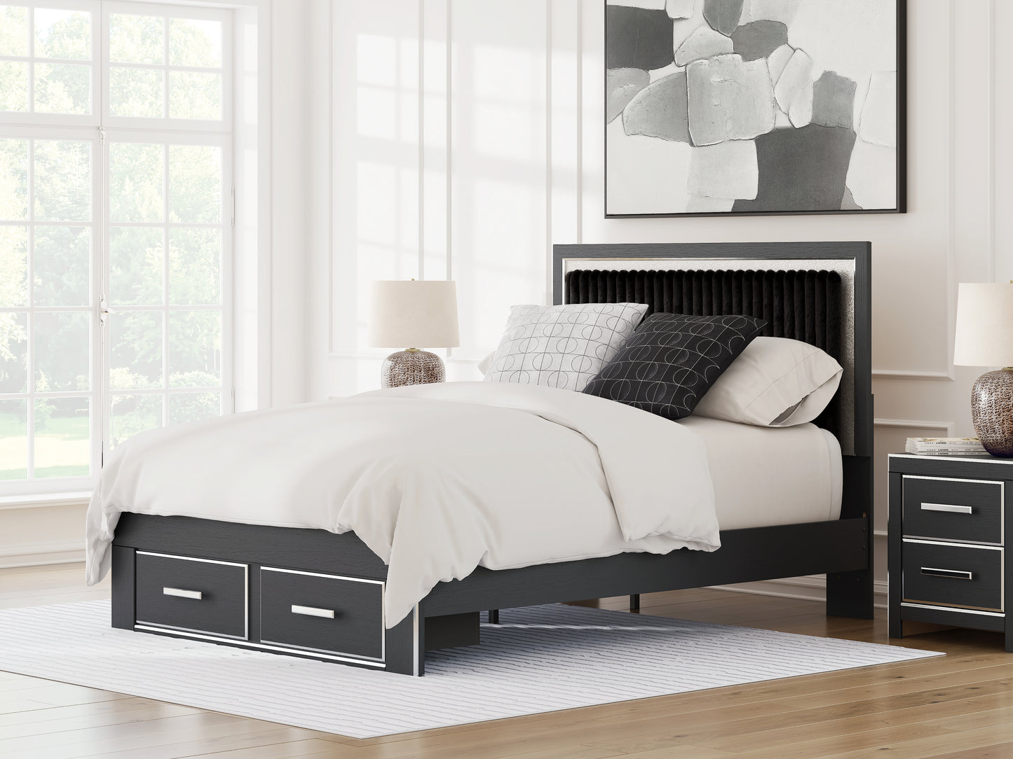 Pines Furniture Outlet - Ashley Furniture - Zuraleus Bedroom - Queen Upholstered Panel Storage Bed / Black - PCB3380B4