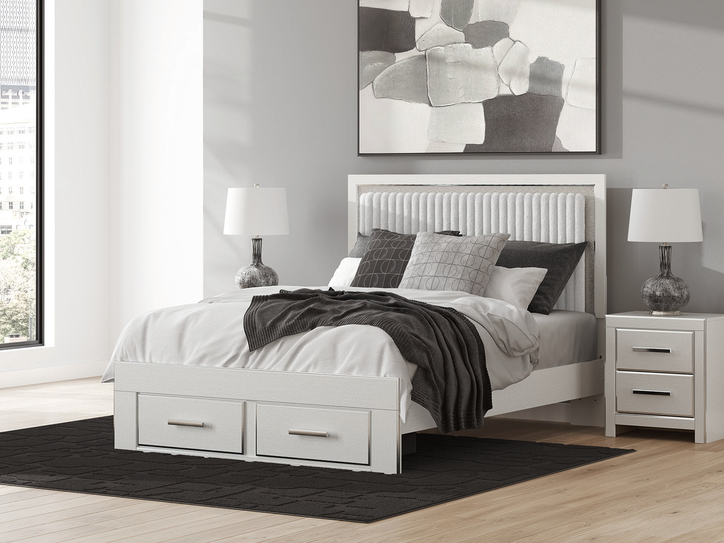 Pines Furniture Outlet - Ashley Furniture - Zuraleus Bedroom - Queen Upholstered Panel Storage Bed / White - PCB3381B4