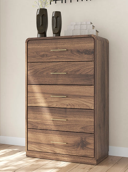 Pines Furniture Outlet - Ashley Furniture - Fortlorn Bedroom - Five Drawer Chest / Walnut Brown - PCB386-46