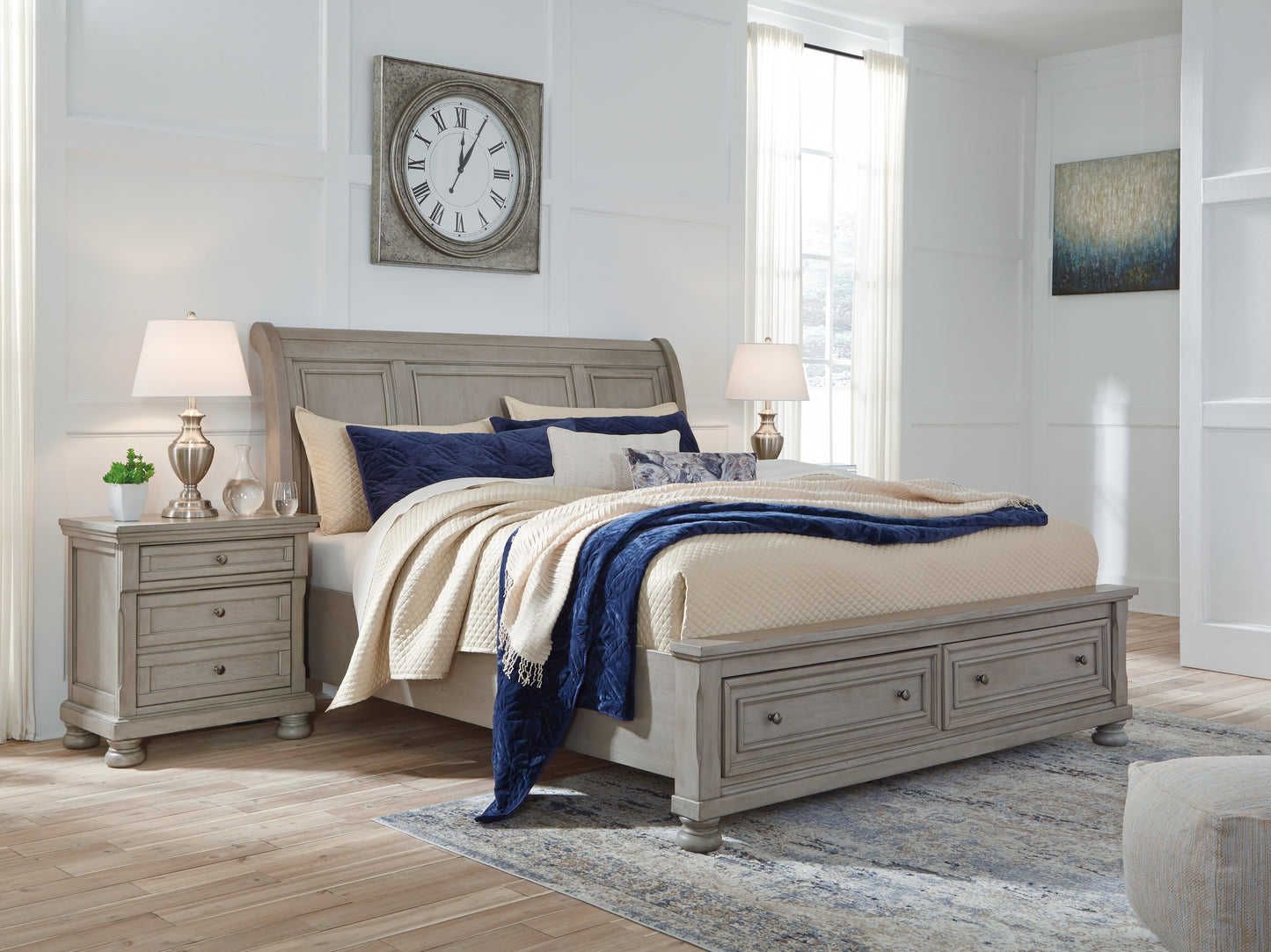 Pines Furniture Outlet - Ashley Furniture - Lettner Bedroom - California King Sleigh Bed with 2 Storage Drawers / Light Gray - B733B9