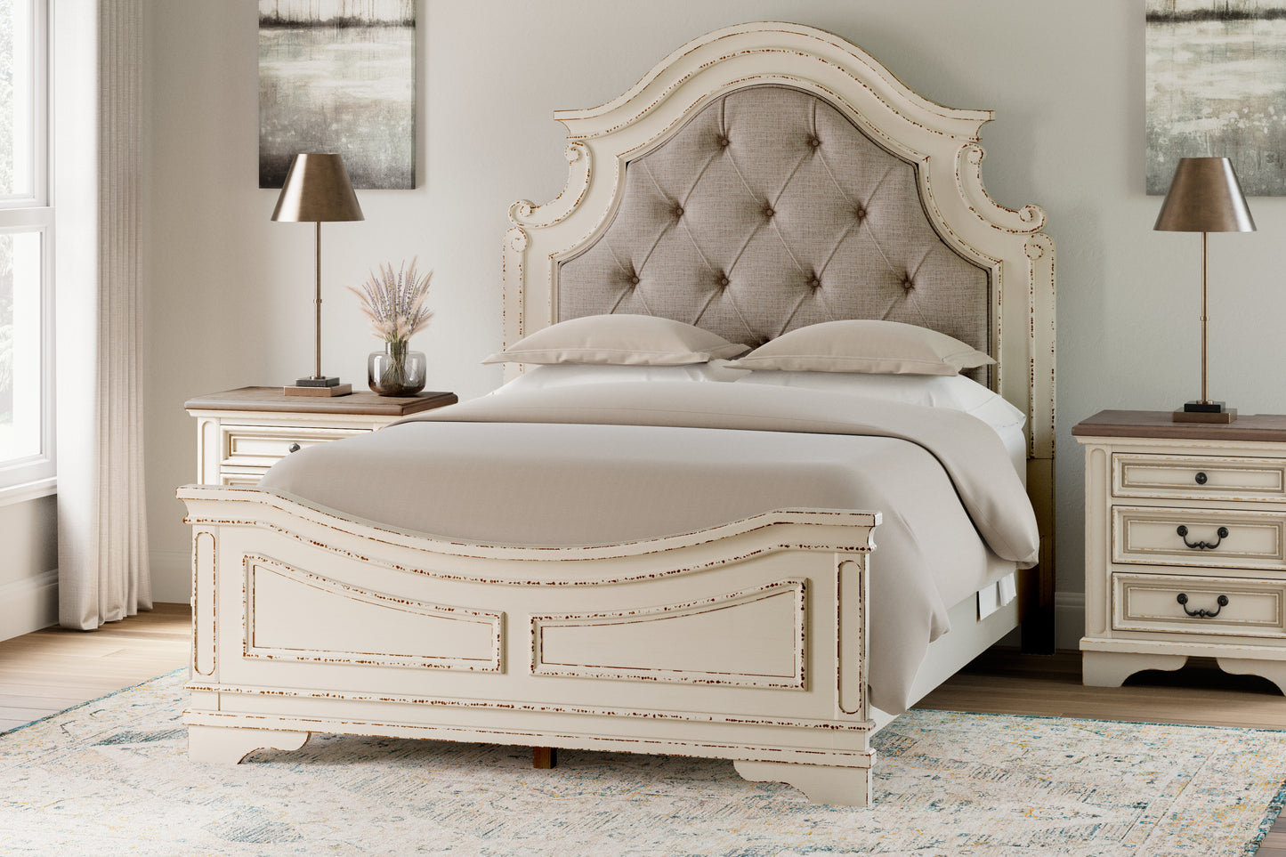 Pines Furniture Outlet - Ashley Furniture - Realyn Bedroom - Queen Upholstered Panel Bed / Chipped White - B743B2