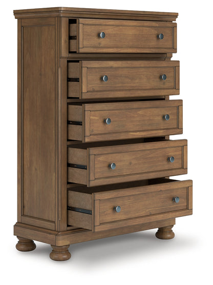 Pines Furniture Outlet - Ashley Furniture - Feddinger Bedroom - Five Drawer Chest / Medium Brown - PCB779-46