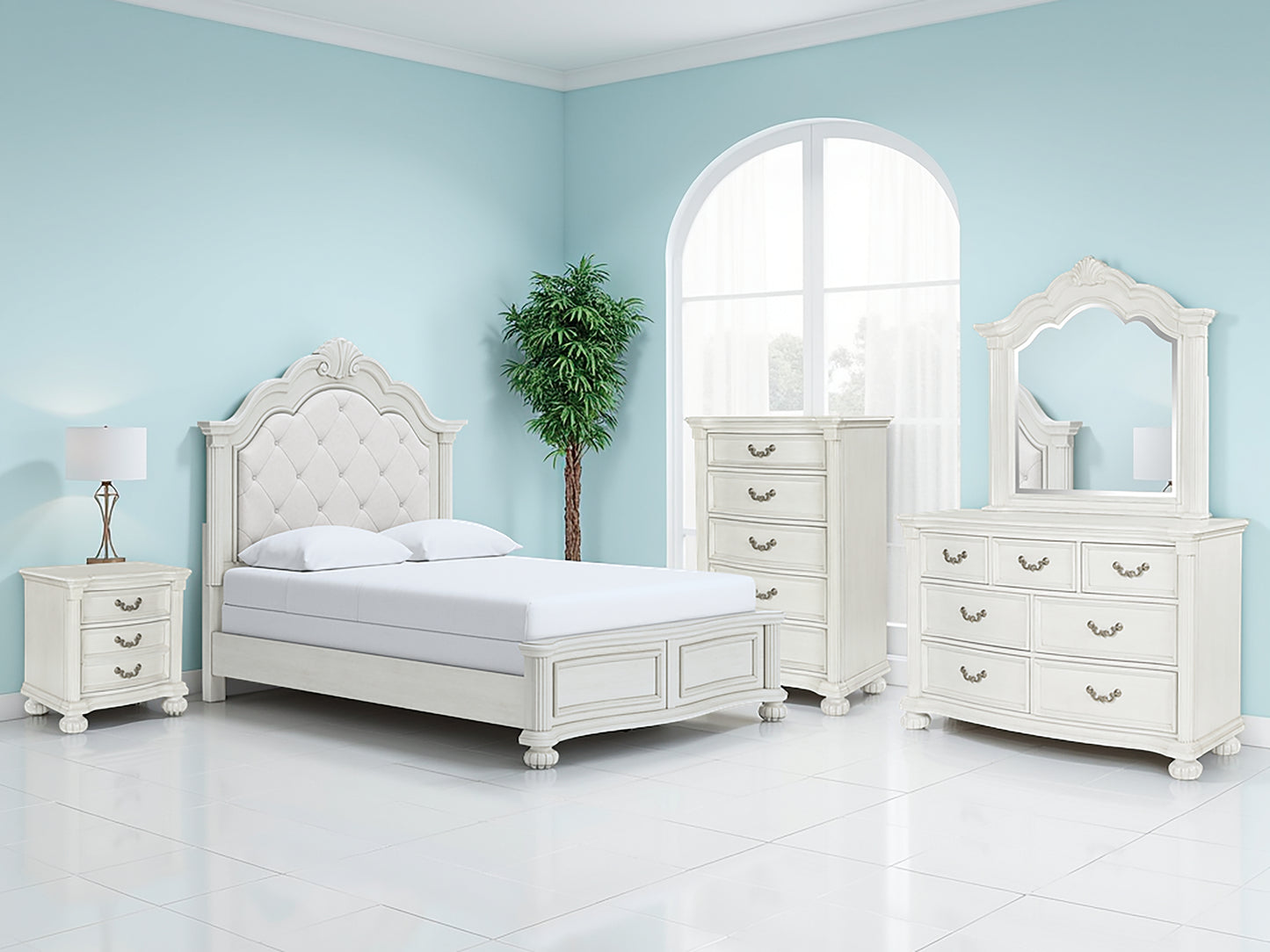 Pines Furniture Outlet - Ashley Furniture - Montelaine Bedroom - Queen Upholstered Panel Bed / Antique White - B795B2