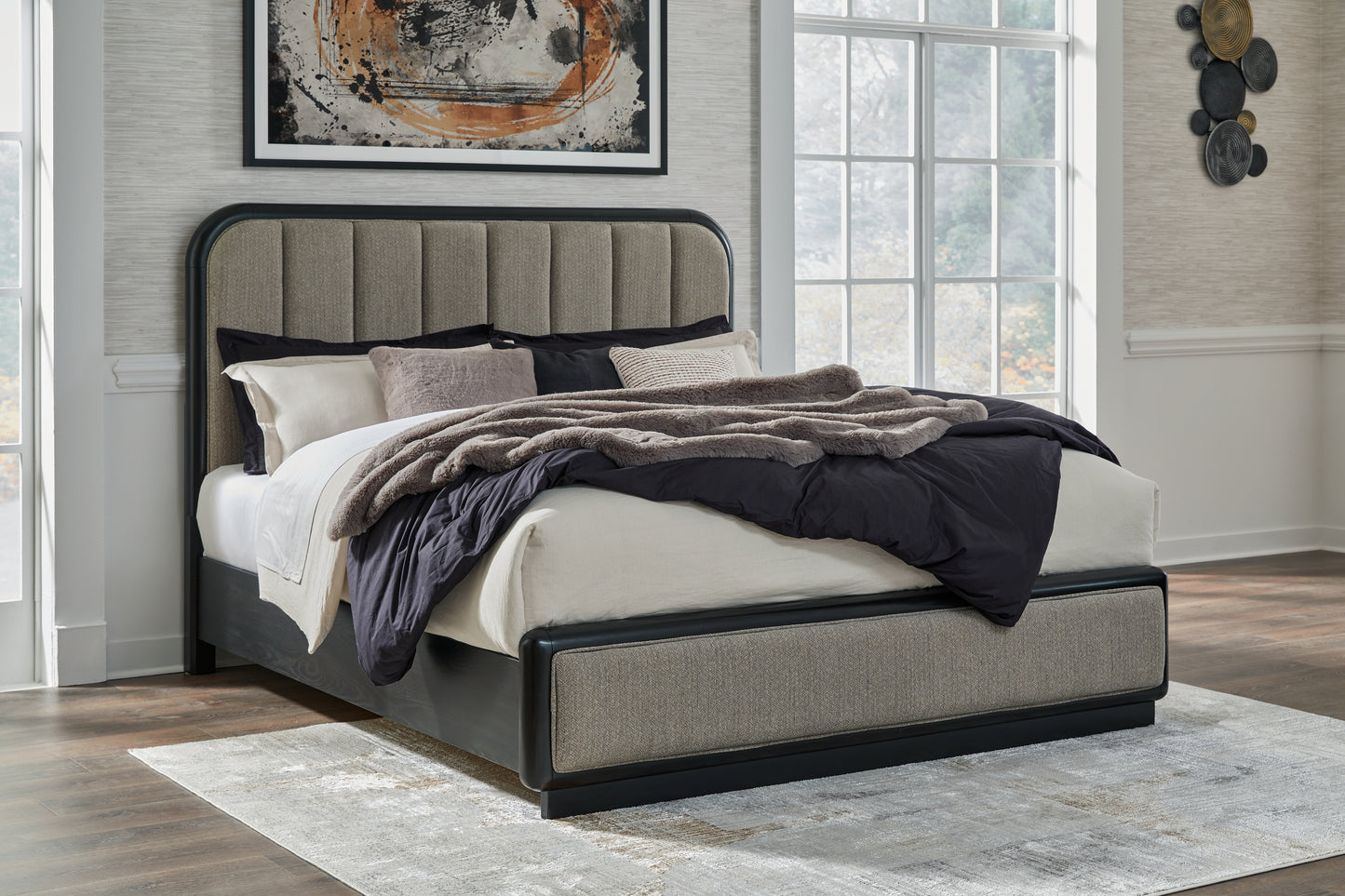 Pines Furniture Outlet - Ashley Furniture - Rowanbeck Bedroom - King Upholstered Panel Bed / Gray/Black - B821B4