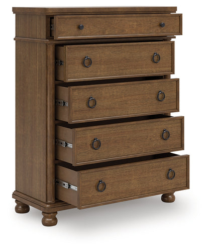 Pines Furniture Outlet - Ashley Furniture - Rowlenstown Bedroom - Five Drawer Chest / Brown - PCB824-46