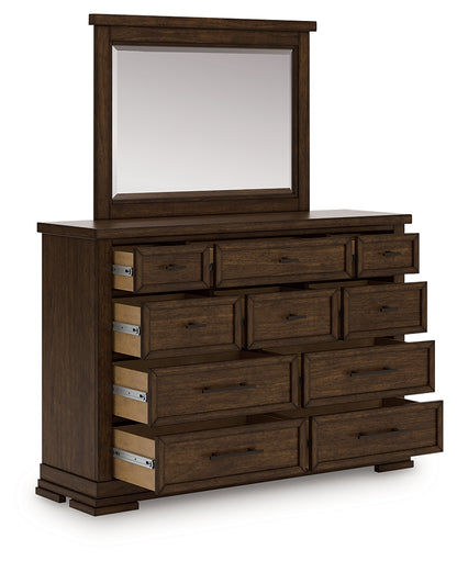 Pines Furniture Outlet - Ashley Furniture - Taffenbrook Bedroom - Dresser and Mirror / Medium Brown - B849B1