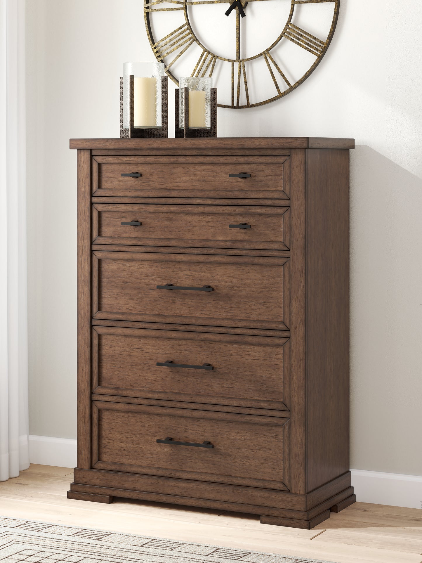 Pines Furniture Outlet - Ashley Furniture - Taffenbrook Bedroom - Five Drawer Chest / Medium Brown - B849-46