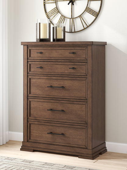 Pines Furniture Outlet - Ashley Furniture - Taffenbrook Bedroom - Five Drawer Chest / Medium Brown - B849-46