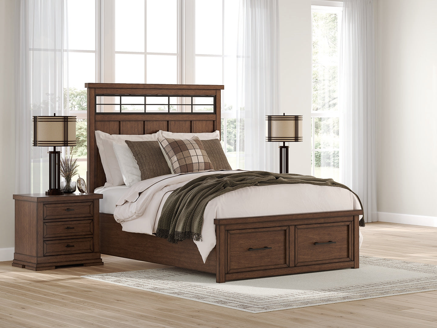 Pines Furniture Outlet - Ashley Furniture - Taffenbrook Bedroom - Queen Panel Storage Bed / Medium Brown - B849B2