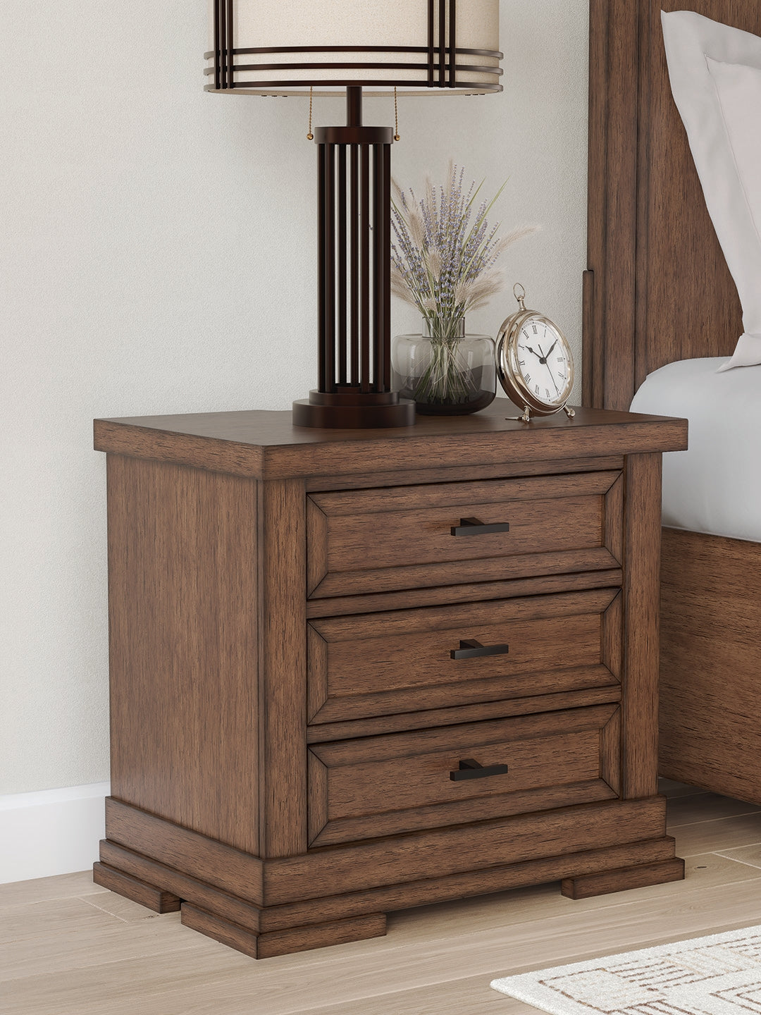 Pines Furniture Outlet - Ashley Furniture - Taffenbrook Bedroom - Three Drawer Night Stand / Medium Brown - B849-93