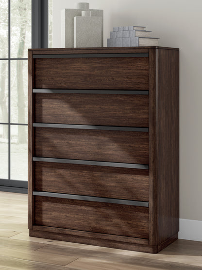 Pines Furniture Outlet - Ashley Furniture - Dilenno Bedroom - Five Drawer Chest / Dark Brown - PCB857-46