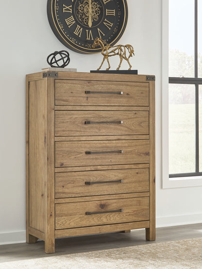 Pines Furniture Outlet - Ashley Furniture - Ridgester Bedroom - Five Drawer Chest / Light Brown - B858-46