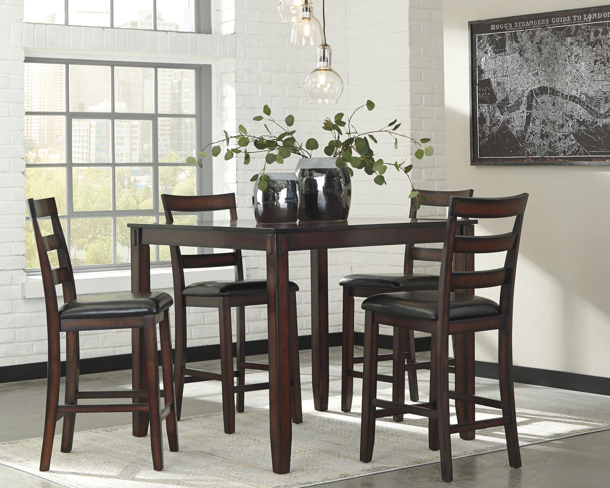 Pines Furniture Outlet - Ashley Furniture - Coviar Dining Room - DRM Counter Table Set (5/CN) / Brown - D385-223