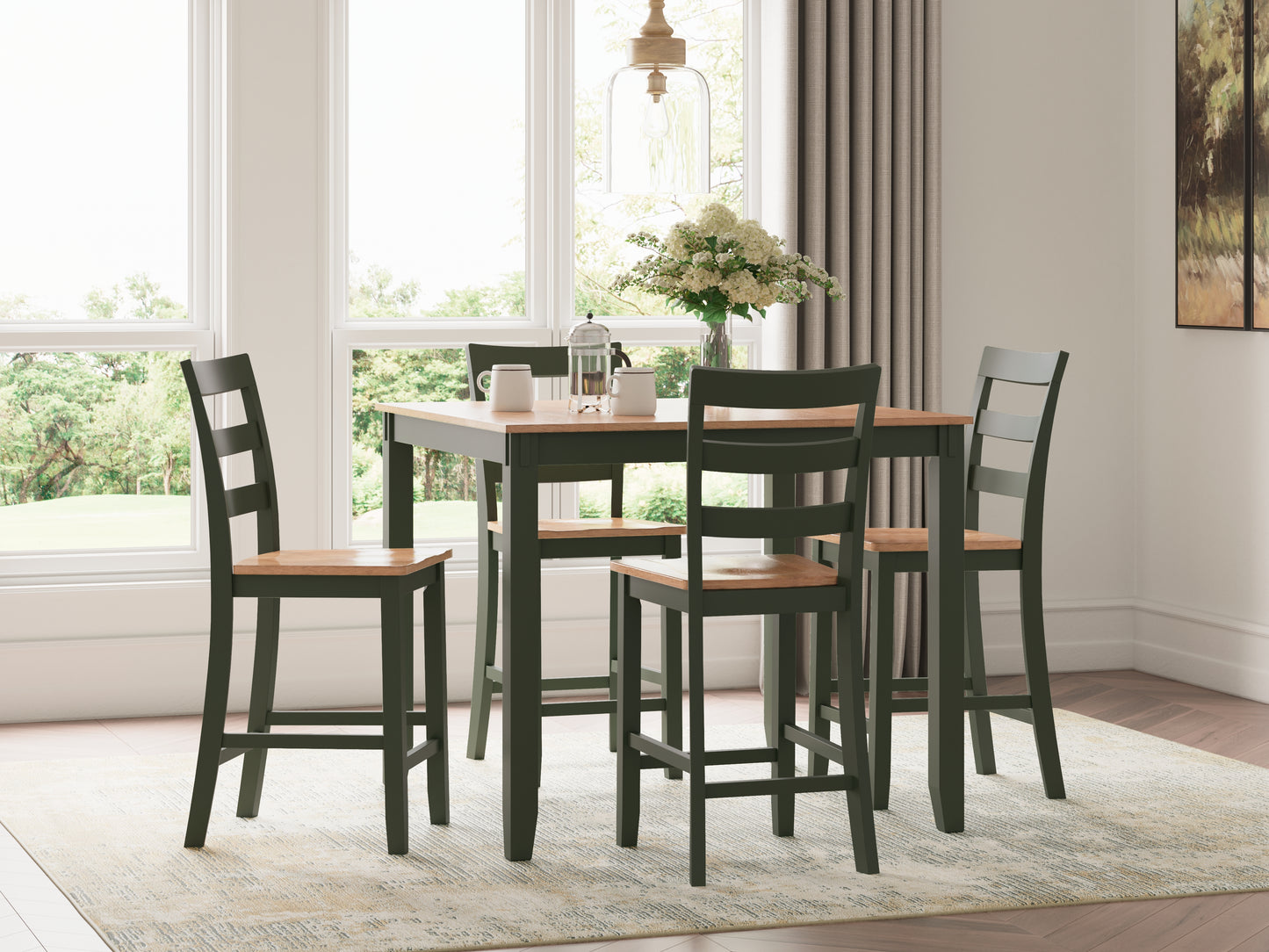 Pines Furniture Outlet - Ashley Furniture - Gesthaven Dining Room - DRM Counter Table Set (5/CN) / Natural/Green - D401-223