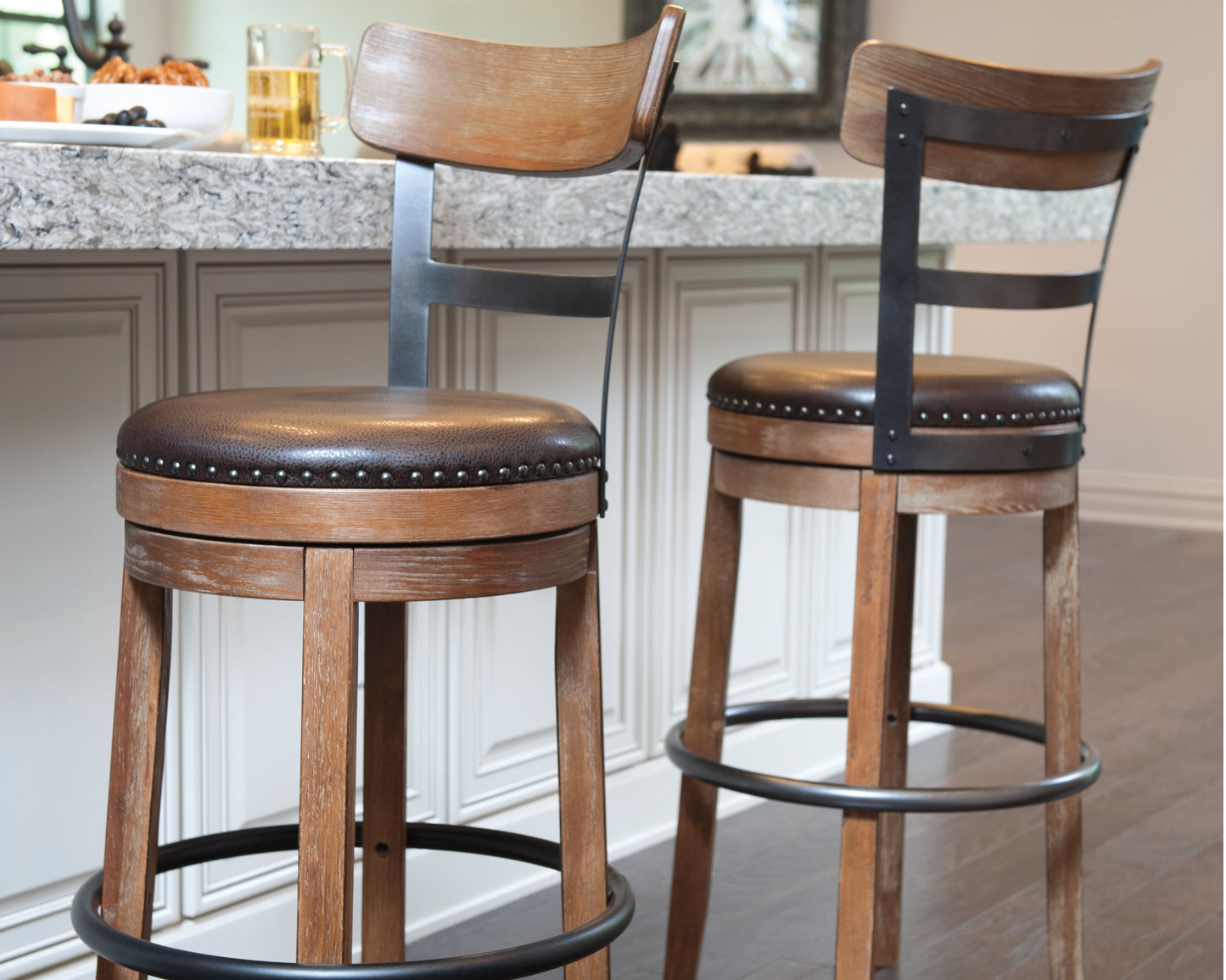 Pines Furniture Outlet - Ashley Furniture - Pinnadel Dining Room - Bar Height Bar Stool (Set of 2) / Grayish Brown - D542-130X2