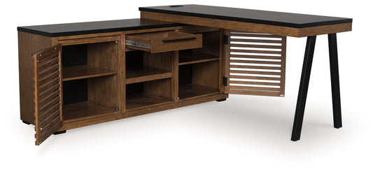 Pines Furniture Outlet - Ashley Furniture - Kallari Office Desk - Credenza with Desk Return / Warm Brown/Black - H737H1
