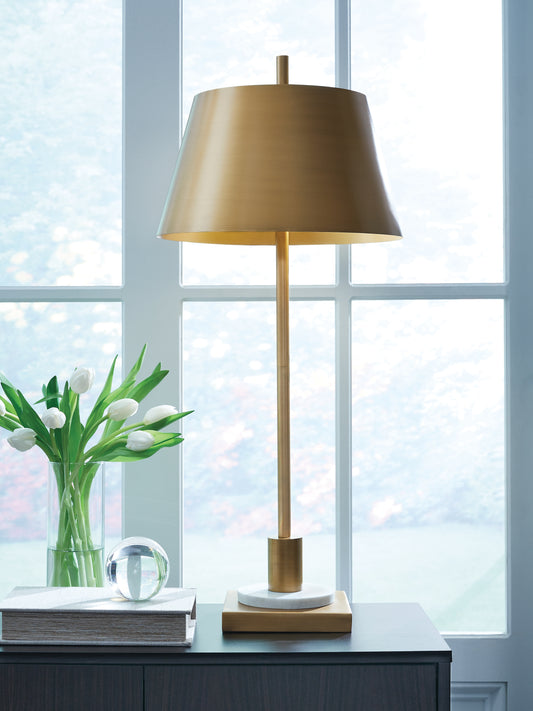 Pines Furniture Outlet - Ashley Furniture - Fritzburn Lighting - Metal Table Lamp (1/CN) / Gold Finish/White - L208444