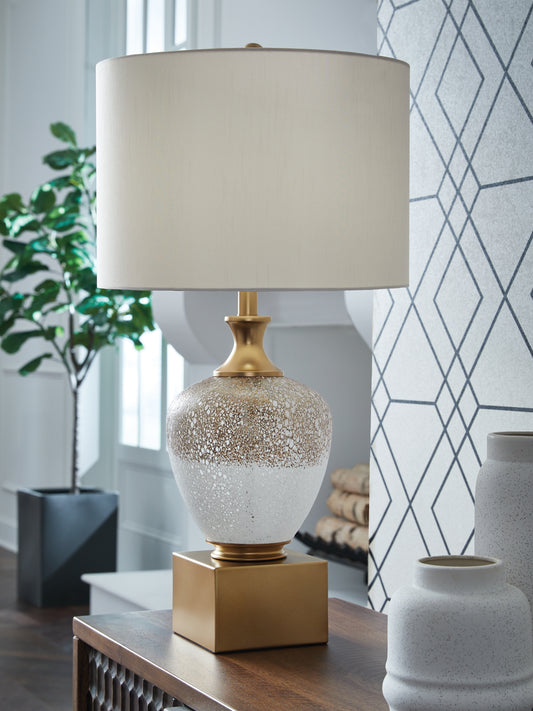 Pines Furniture Outlet - Ashley Furniture - Tavisburg Lighting - Glass Table Lamp (1/CN) / Brown/White/Gold - L430894